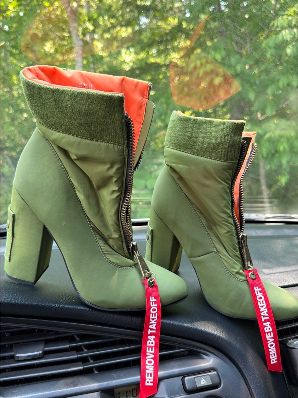 POSTER GIRL Olive Green Ankle Zip Heel Boots with Orange Lining